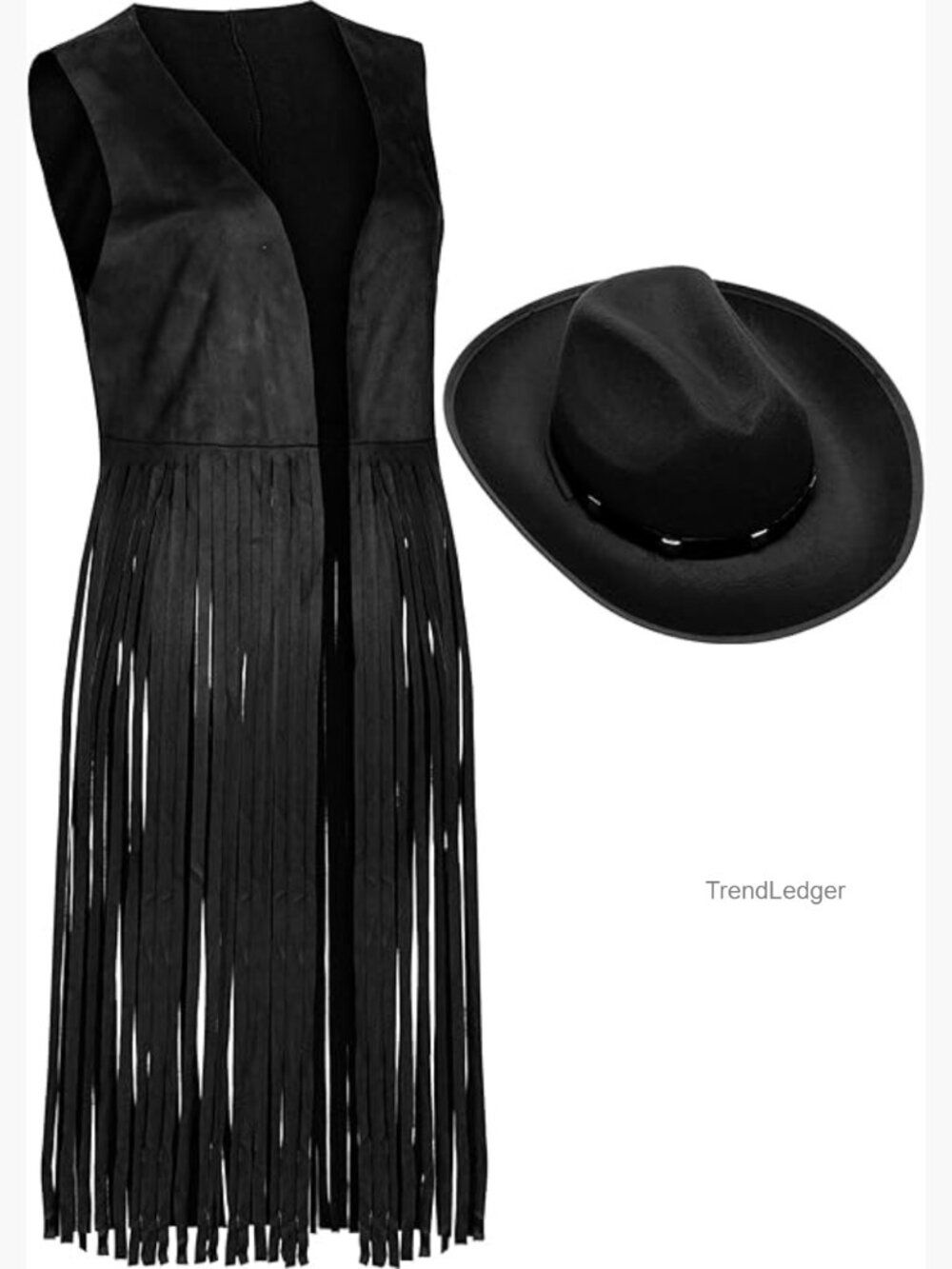 Faux Suede Fringe Vest with Cowgirl Hat - Western Hippie Costume Set - Picture 1 of 7